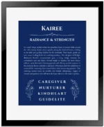 Kairee personalized name meaning print in deep blue with black matte frame