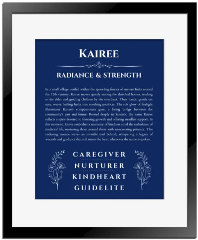 Kairee personalized name meaning print in deep blue with black matte frame