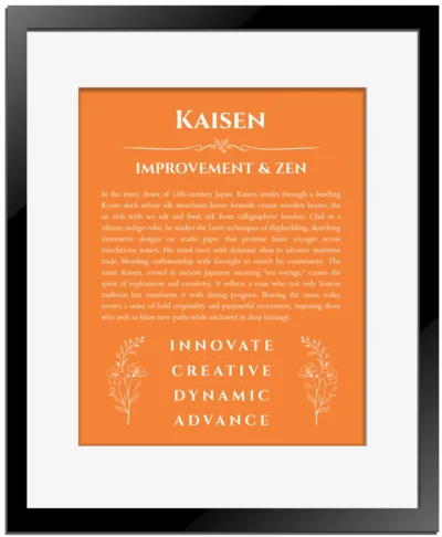 Kaisen name origin print with meaning and traits in orange with black matte frame