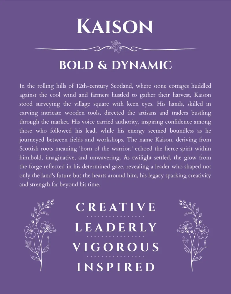 Kaison name origin print with meaning and traits in purple