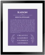 Kaison name origin print with meaning and traits in purple with black matte frame