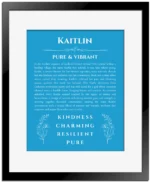 Kaitlin personalized name meaning print in blue with black matte frame