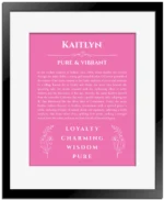 Kaitlyn name meaning gift print in pink with black matte frame