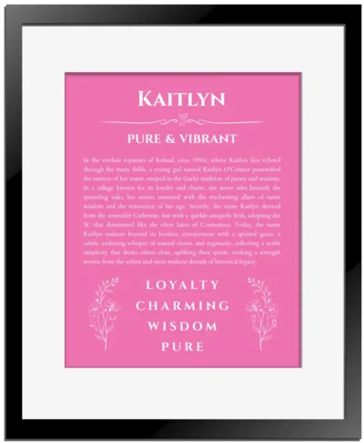 Kaitlyn name meaning gift print in pink with black matte frame