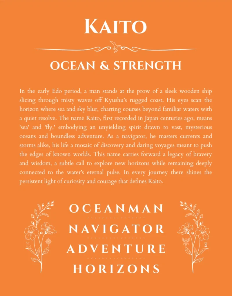 Kaito name origin print with meaning and traits in orange
