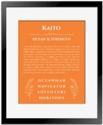 Kaito name origin print with meaning and traits in orange with black matte frame