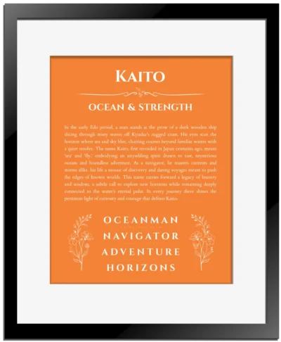 Kaito name origin print with meaning and traits in orange with black matte frame