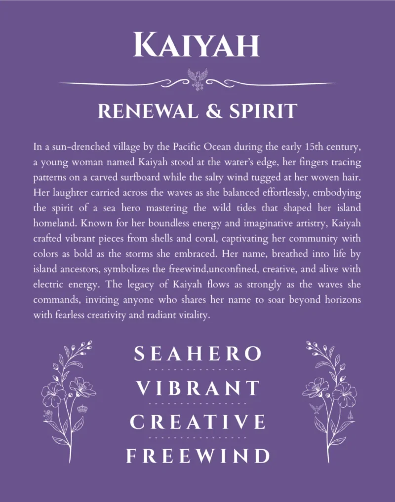 Kaiyah name origin print with meaning and traits in purple