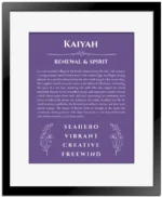 Kaiyah name origin print with meaning and traits in purple with black matte frame
