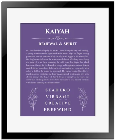 Kaiyah name origin print with meaning and traits in purple with black matte frame