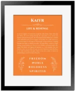 Kaiyr custom name print for wall display in orange with black matte frame