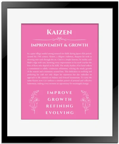Kaizen custom name meaning print in pink with black matte frame
