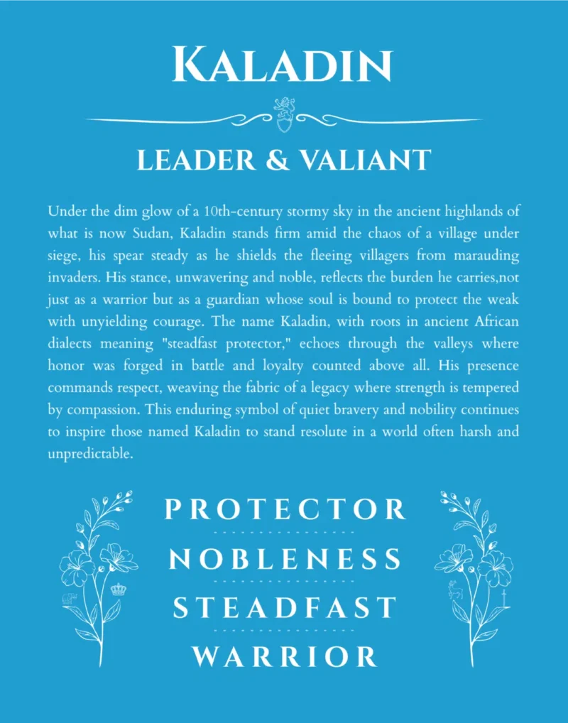 Kaladin personalized wall art with the story of your name in blue