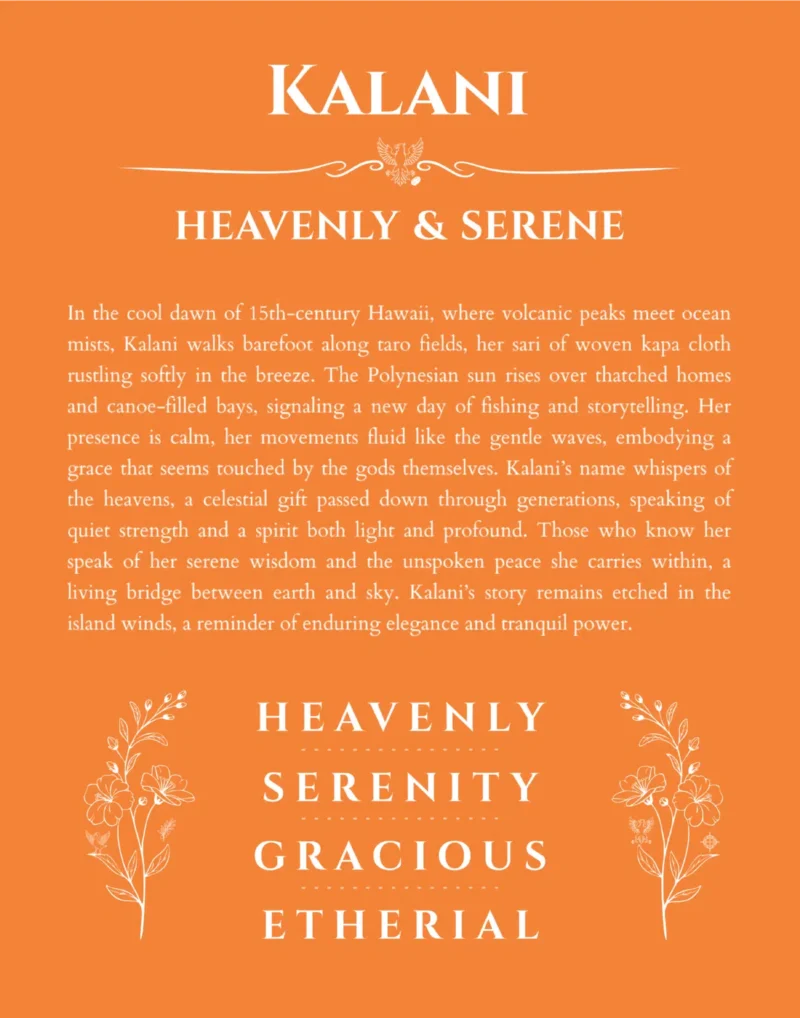 Kalani personalized name print with origin and traits in orange