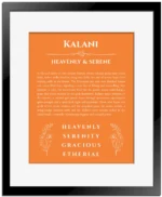 Kalani personalized name print with origin and traits in orange with black matte frame
