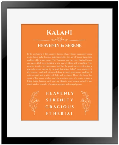 Kalani personalized name print with origin and traits in orange with black matte frame