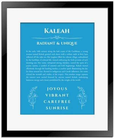Kaleah custom name meaning print in blue with black matte frame