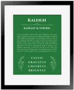 Kaleigh name meaning wall art by Get Your Story in dark green with black matte frame