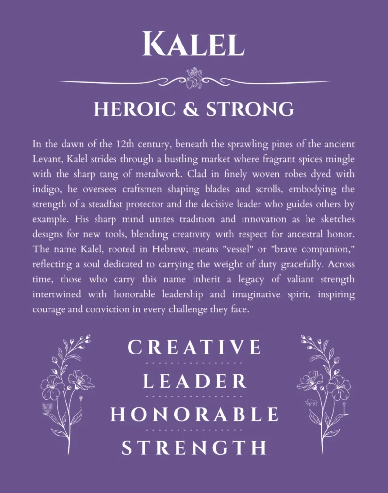 Kalel personalized name print with origin and traits in purple