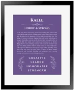 Kalel personalized name print with origin and traits in purple with black matte frame
