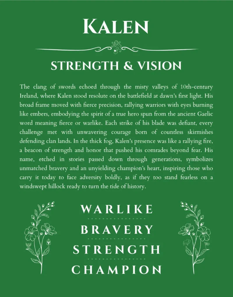 Kalen personalized name print with origin and traits in dark green