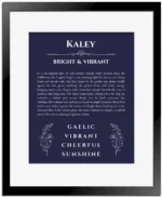 Kaley custom name meaning print in navy blue with black matte frame