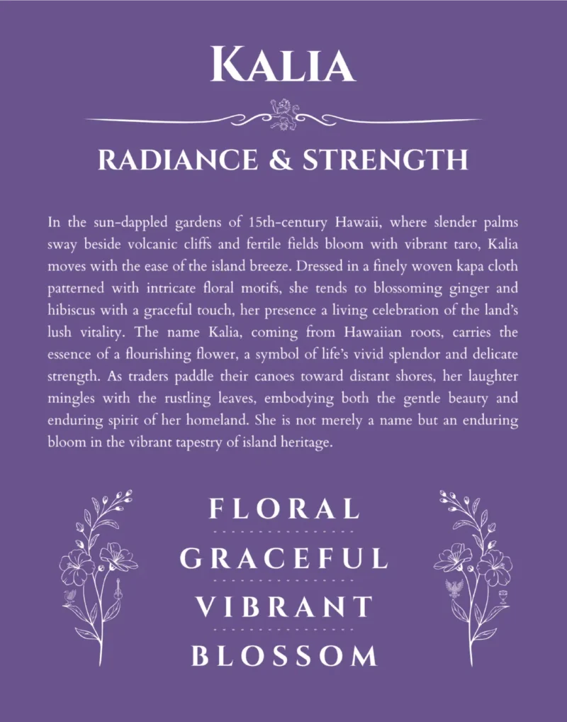 Kalia name origin print with meaning and traits in purple