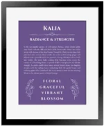 Kalia name origin print with meaning and traits in purple with black matte frame