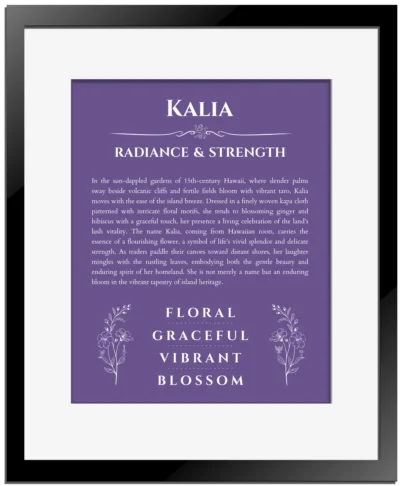 Kalia name origin print with meaning and traits in purple with black matte frame