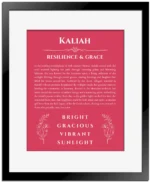 Kaliah custom name art showing meaning and origin in red with black matte frame
