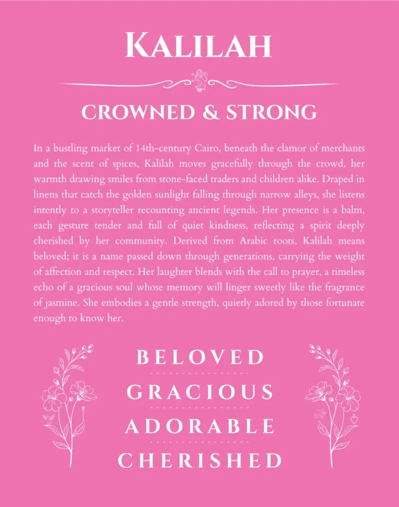 Kalilah personalized name art with origin story in pink