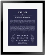 Kalina custom name meaning print in navy blue with black matte frame