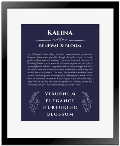 Kalina custom name meaning print in navy blue with black matte frame
