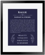 Kallie name meaning wall art by Get Your Story in navy blue with black matte frame