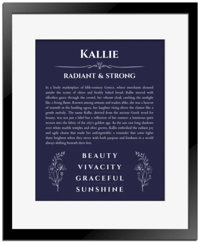 Kallie name meaning wall art by Get Your Story in navy blue with black matte frame