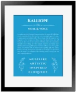Kalliope personalized name art with origin story in blue with black matte frame