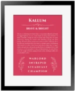 Kallum custom name art showing meaning and origin in red with black matte frame