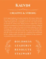 Kalvin name origin print with meaning and traits in orange