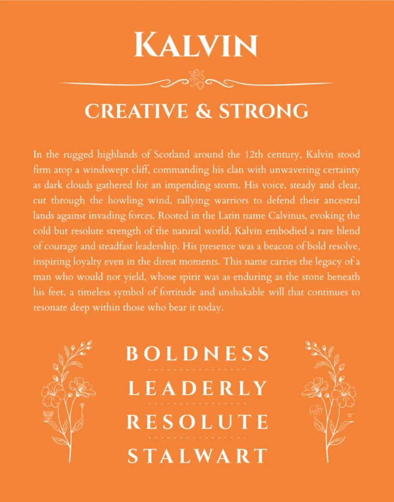 Kalvin name origin print with meaning and traits in orange