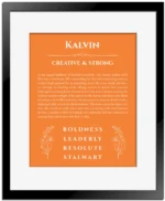 Kalvin name origin print with meaning and traits in orange with black matte frame