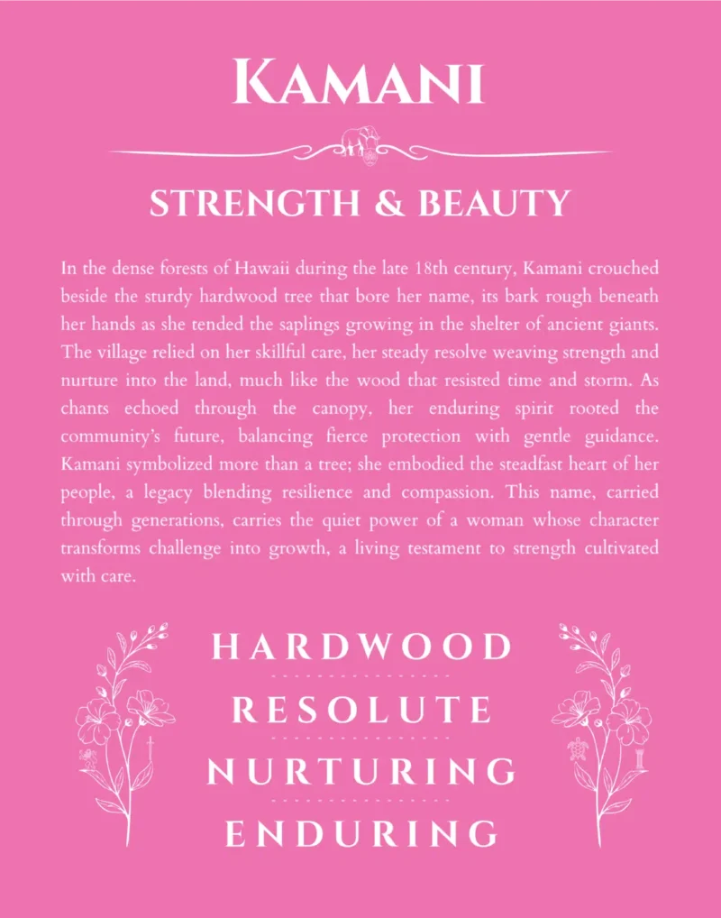 Kamani name origin print with meaning and traits in pink