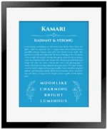 Kamari name meaning gift print in blue with black matte frame
