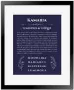 Kamaria personalized wall art with the story of your name in navy blue with black matte frame