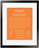 Kamazi personalized name print with origin and traits in orange with black matte frame