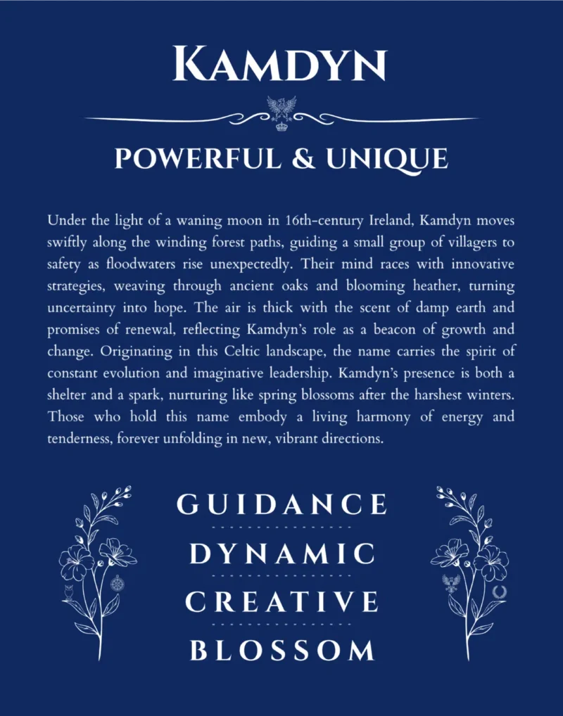 Kamdyn custom name art showing meaning and origin in deep blue