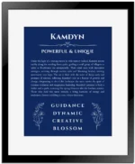 Kamdyn custom name art showing meaning and origin in deep blue with black matte frame
