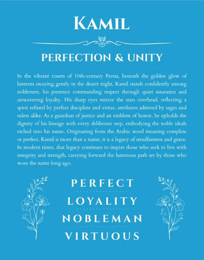 Kamil custom name art showing meaning and origin in blue