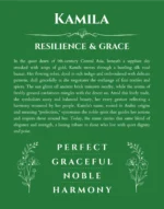 Kamila personalized name art with origin story in dark green