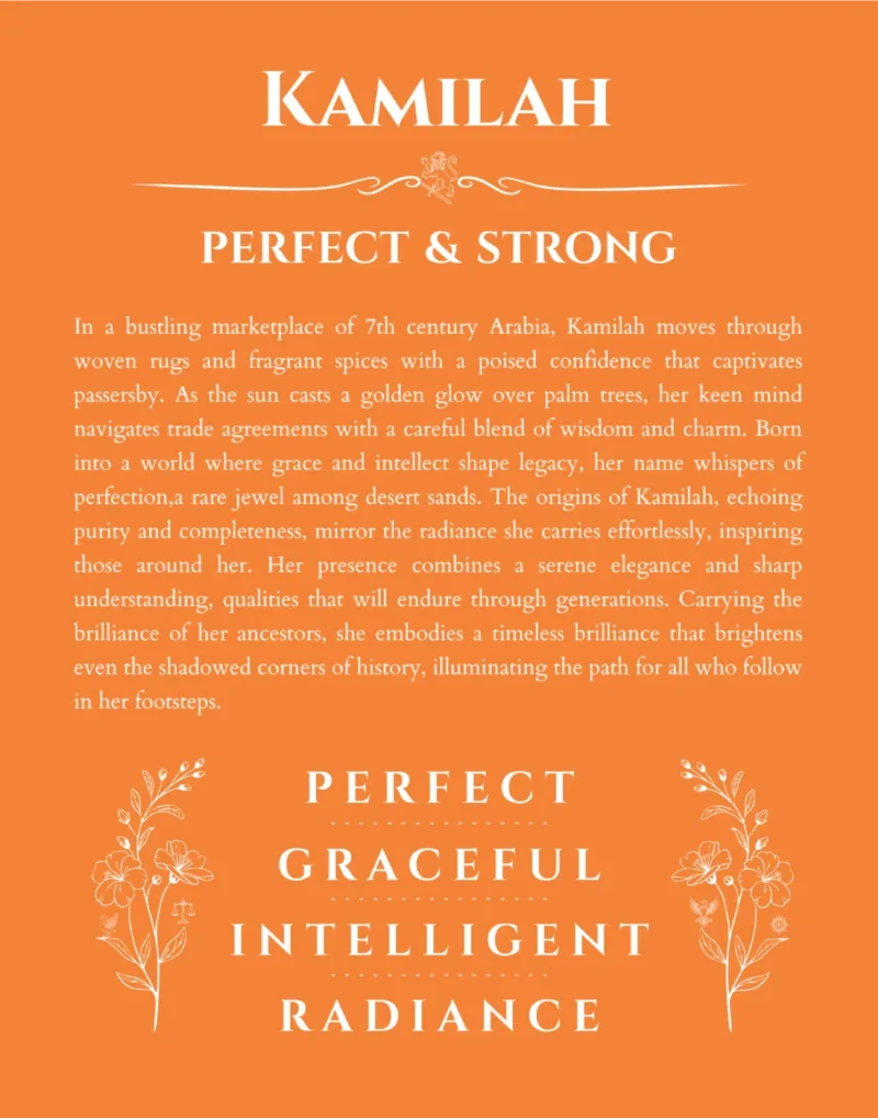 Kamilah custom name art showing meaning and origin in orange