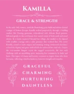 Kamilla personalized name art with origin story in pink